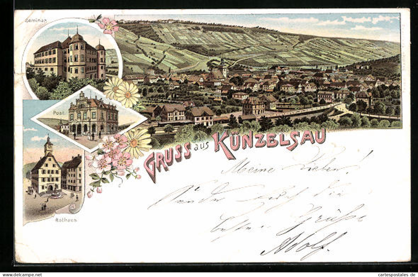 Lithographie Künzelsau, Seminar, Post, Rathaus  - Künzelsau