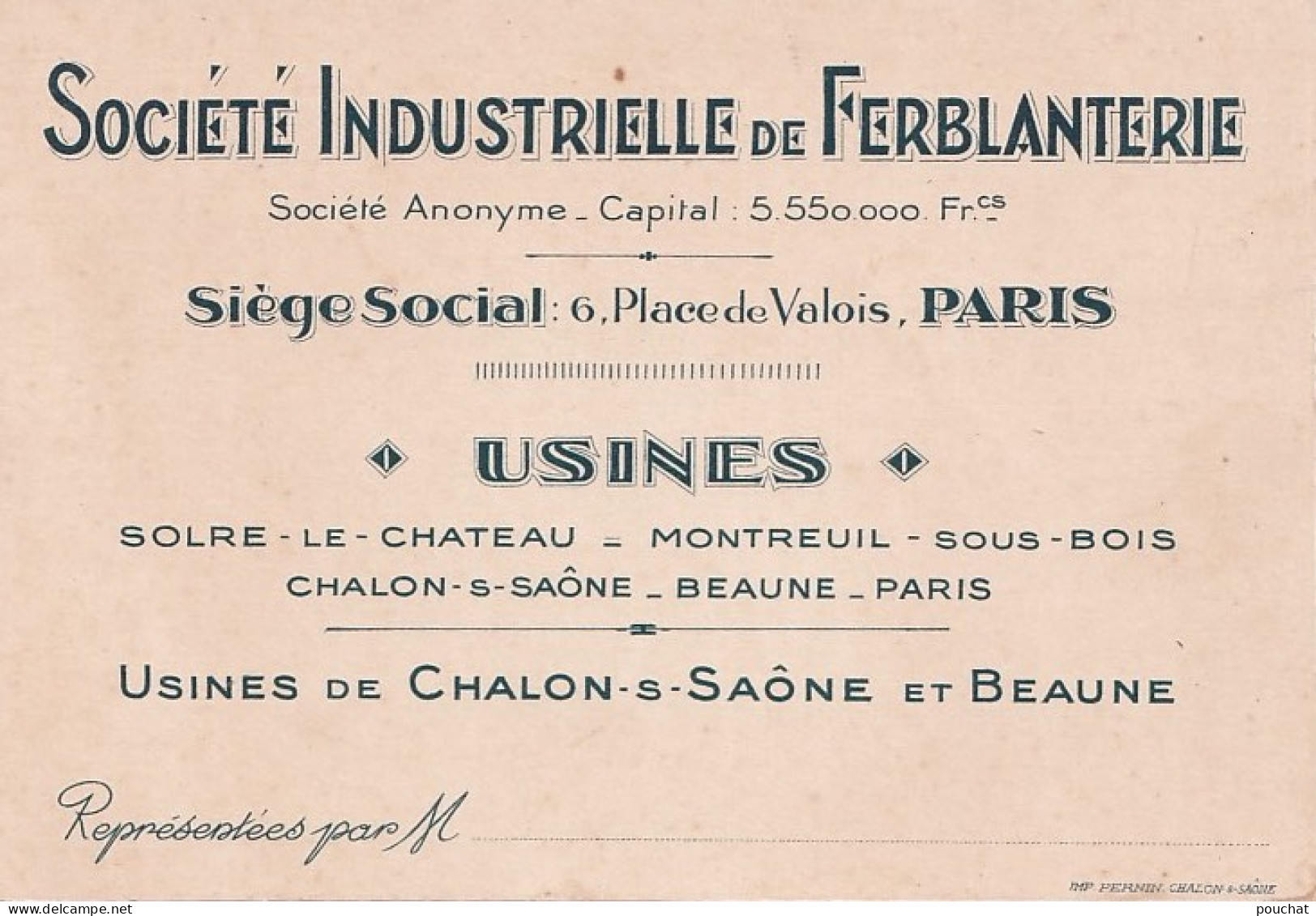 PARIS - CHALONS SUR MARNE - SOCIETE INDUSTRIELLE DE FERBLANTERIE  USINES - BEAUNE SOLRE LE CHATEAU - Cartes De Visite