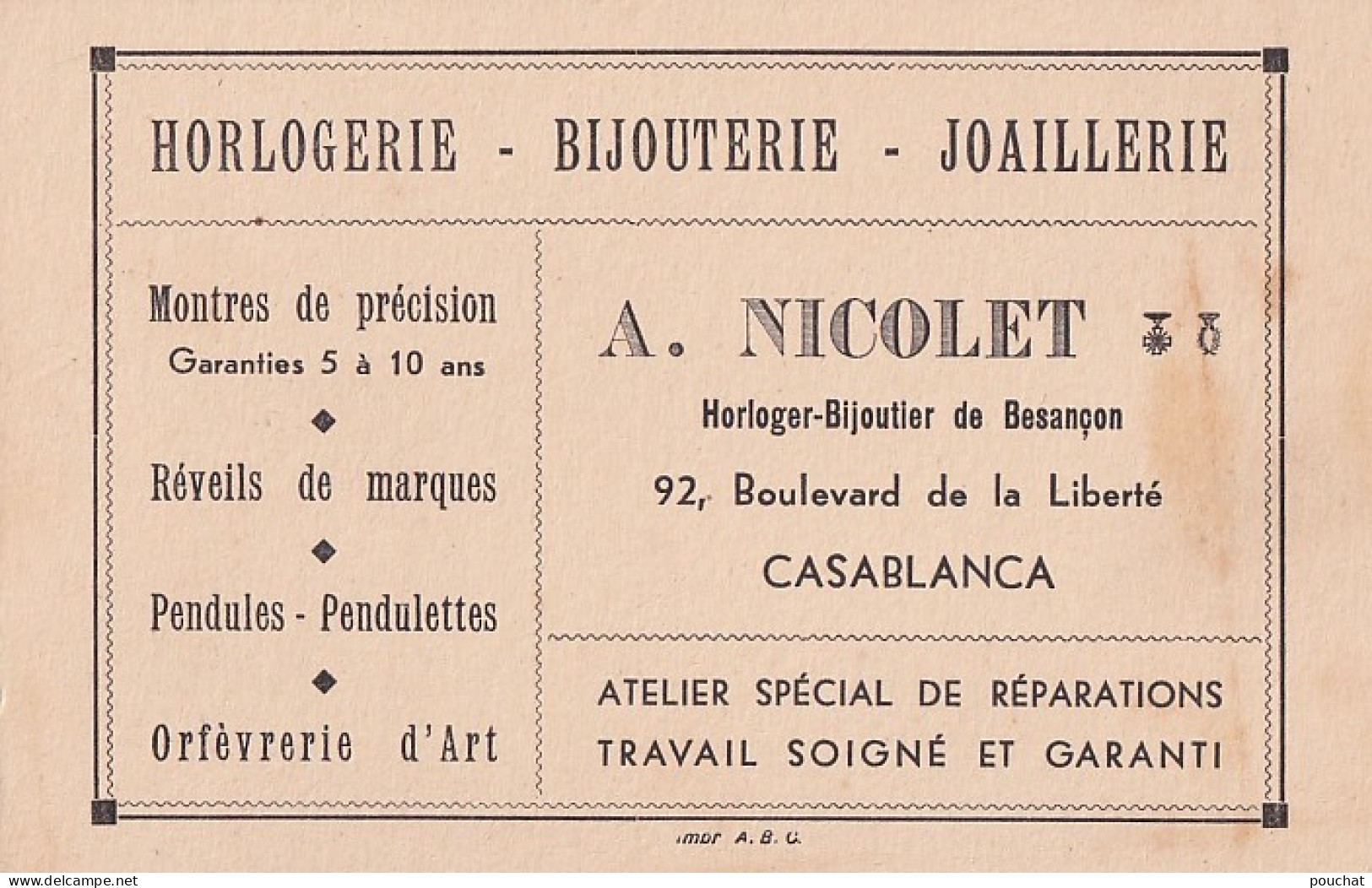   CASABLANCA - A. NICOLET - HORLOGERIE - BIJOUTERIE - JOAILLERIE - 92 , BOULEVARD DE LA LIBERTE - Cartoncini Da Visita
