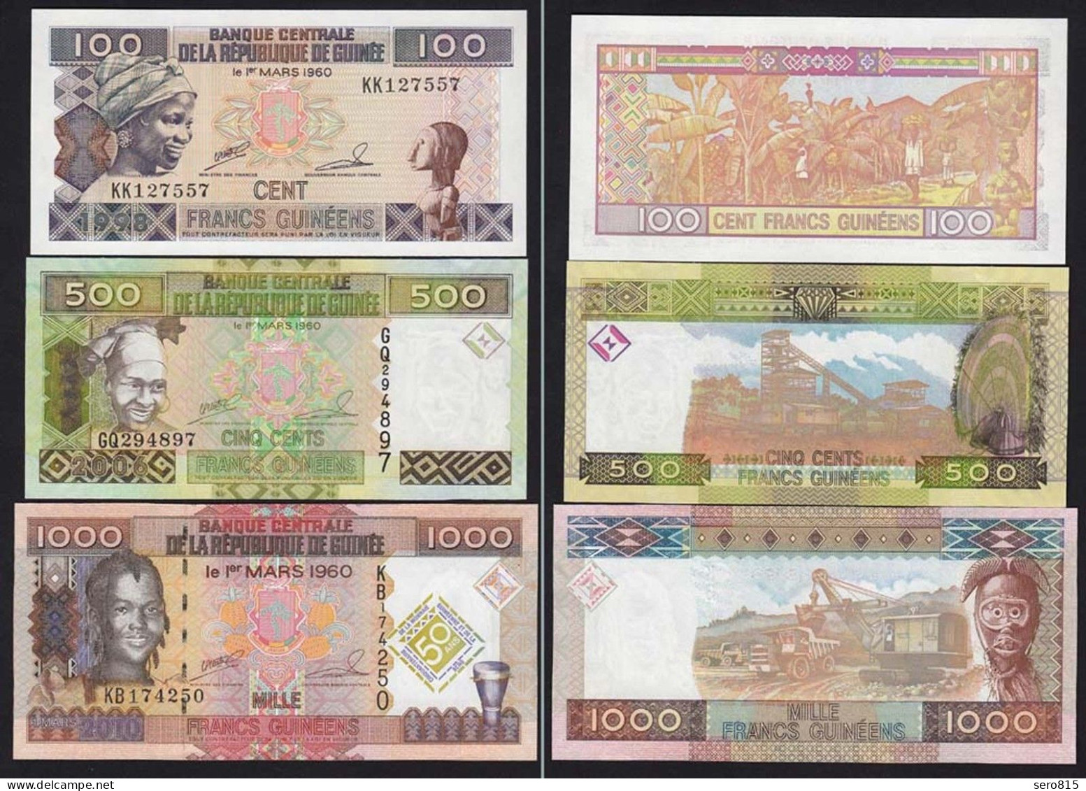 Guinea - Guinee 100, 500 + 1000 Francs 1998/2010 UNC   (15301 - Otros – Africa