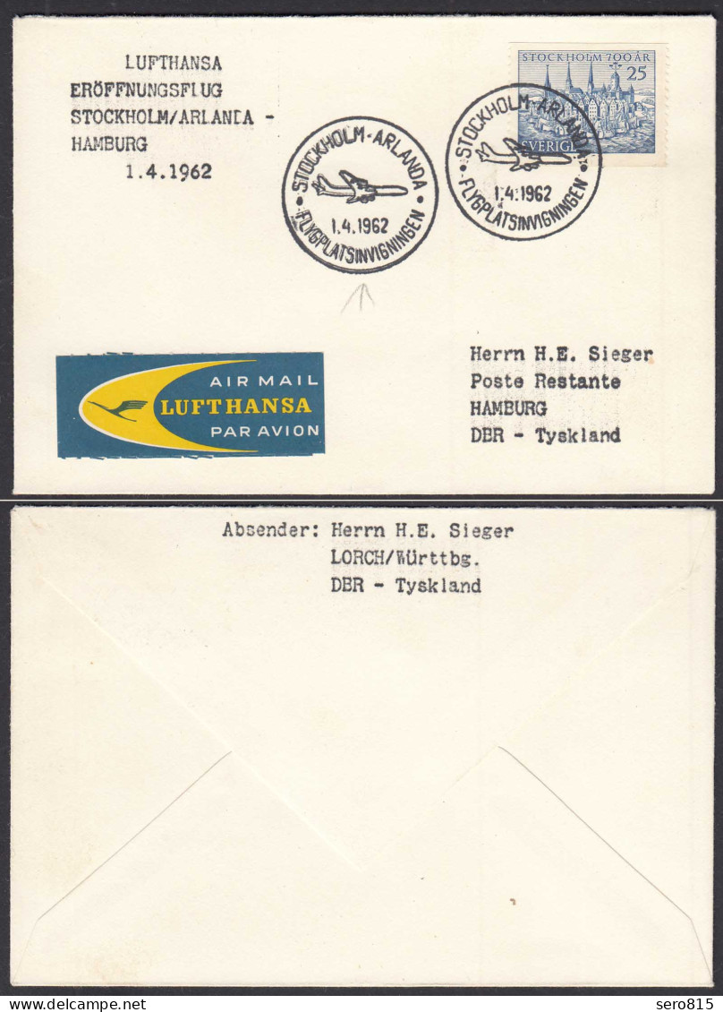 First Flight Lufthansa STOCKHOLM-ARLANDA-HAMBURG Partial Route 1962  (28664 - First Flight Covers