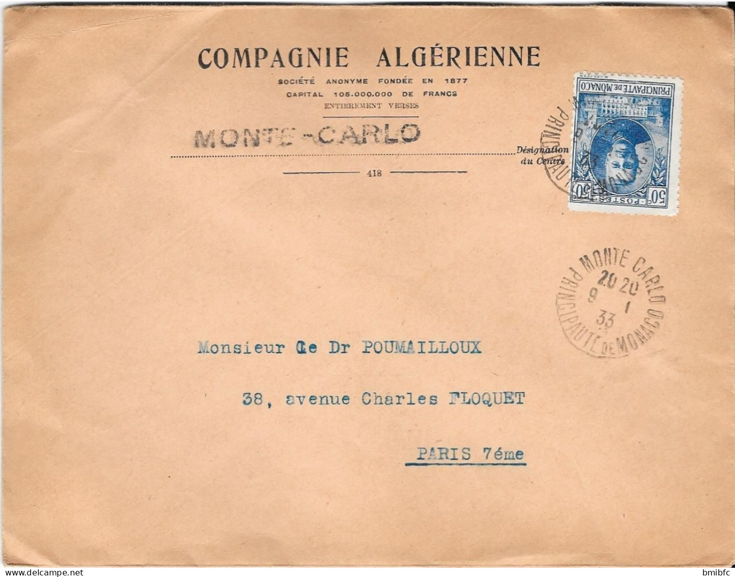 1933 Sur Lettre De La COMPAGNIE ALGÉRIENNE    MONTE-CARLO - Storia Postale