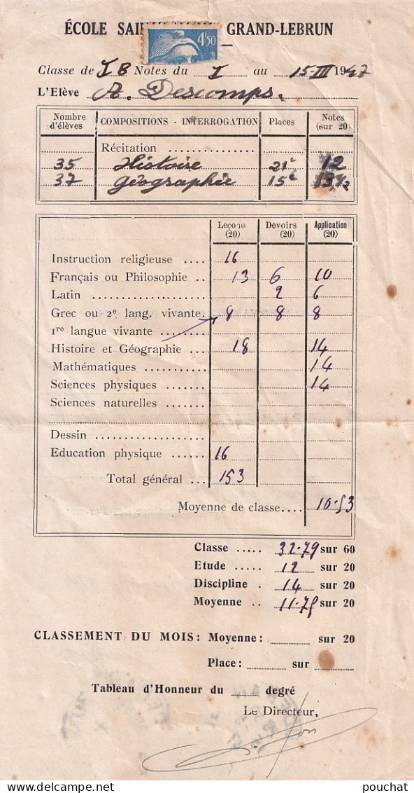 33) CAUDERAN - ECOLE SAINTE MARIE - GRAND LEBRUN - BULLETIN SCOLAIRE - CLASSE I B - ANNEE  - AOUT 1947 - 3 SCANS  - Diplômes & Bulletins Scolaires