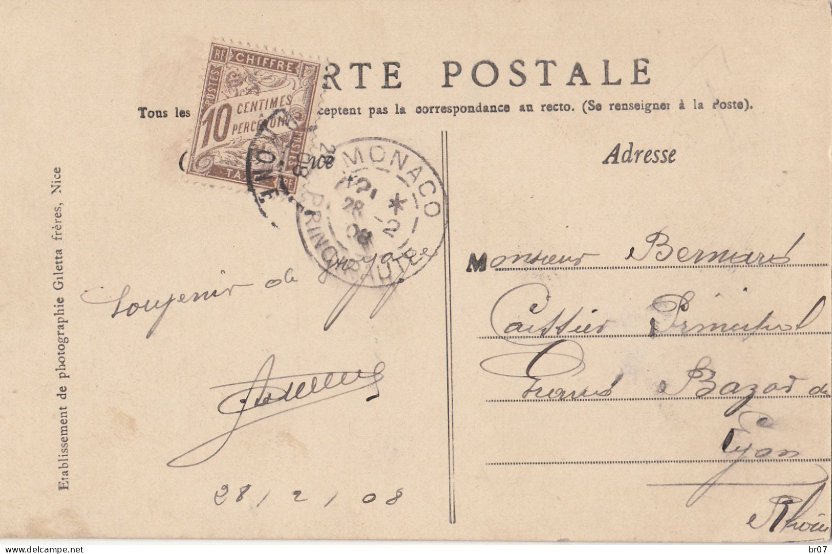 MONACO CP 1908 MONACO TIMBREE SEMEUSE TAXEE A LYON RHONE - Cartas & Documentos