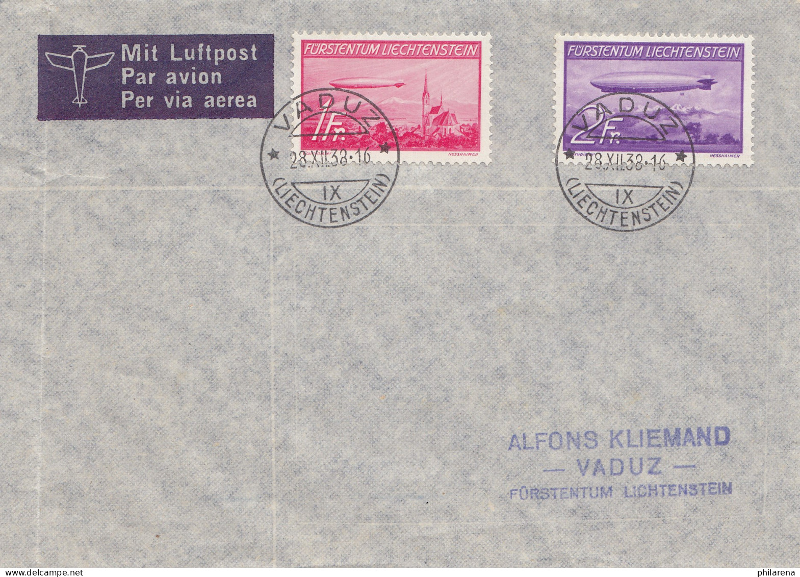 Liechtenstein: 1938: Brief Von Vaduz - Luftpost - Altri & Non Classificati