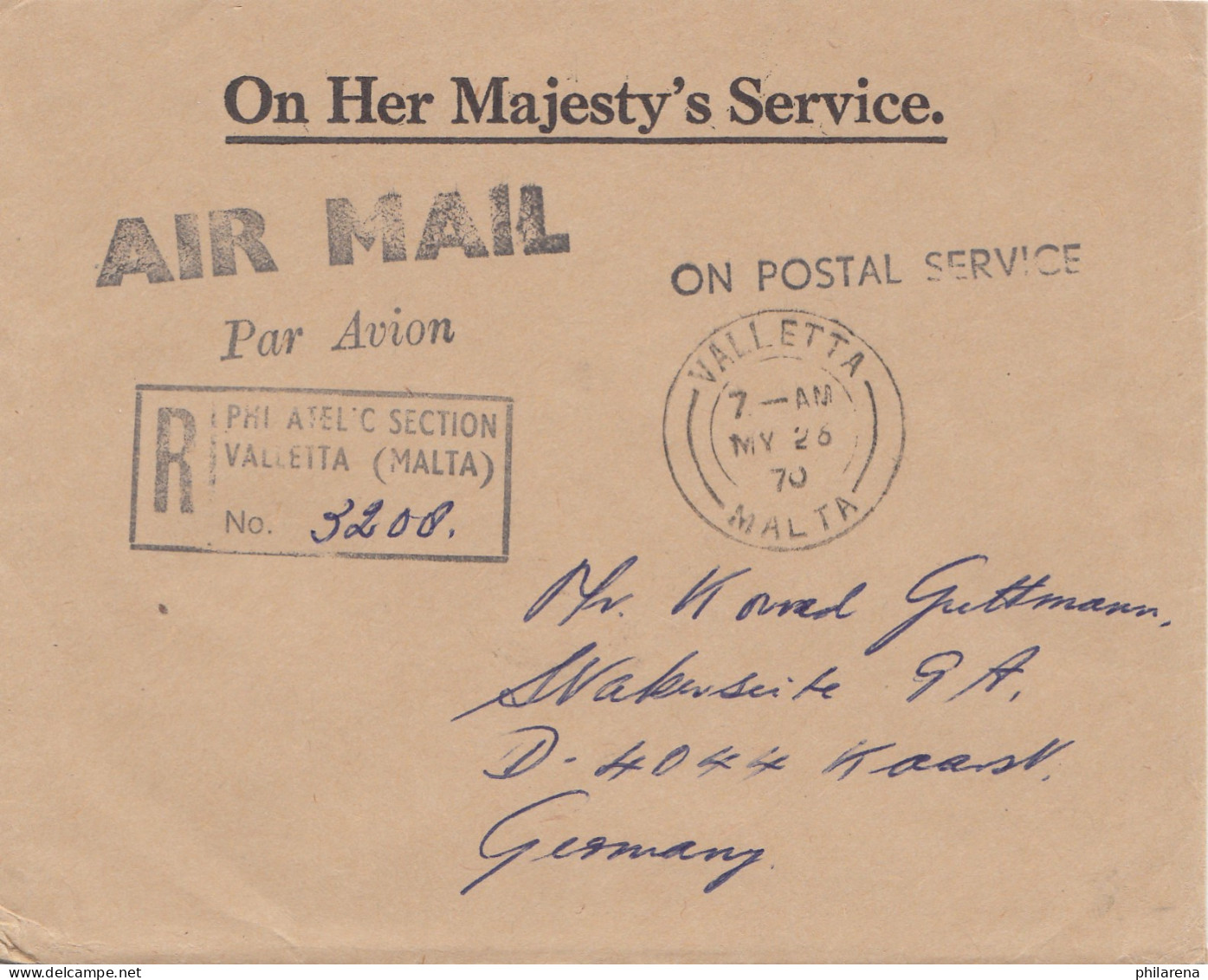 Malta: 1970: Air Mail Einschreiben - Valletta Nach Deutschland - Malta