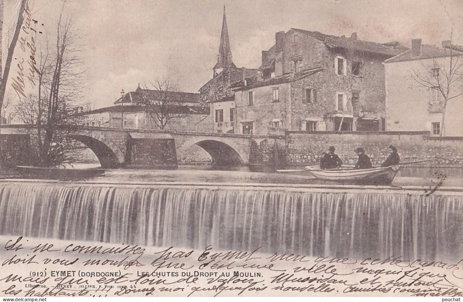  A20-24) EYMET - DORDOGNE - LES CHUTES DU DROPT AU MOULIN - ANIMATION - BARQUE AVEC HABITANTS - EN 1902 - ( 2 SCANS ) - Eymet