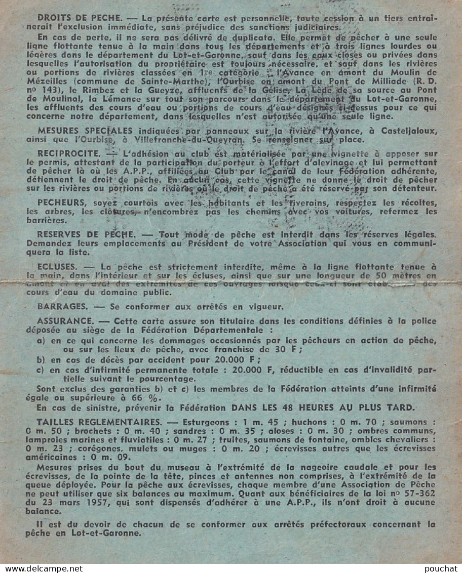 A25- CARTE FEDERALE DE PECHE D ' AGEN ET DU PASSAGE D 'AGEN - 1967 - TIMBRE FISCAL - 2 SCANS  - Pêche