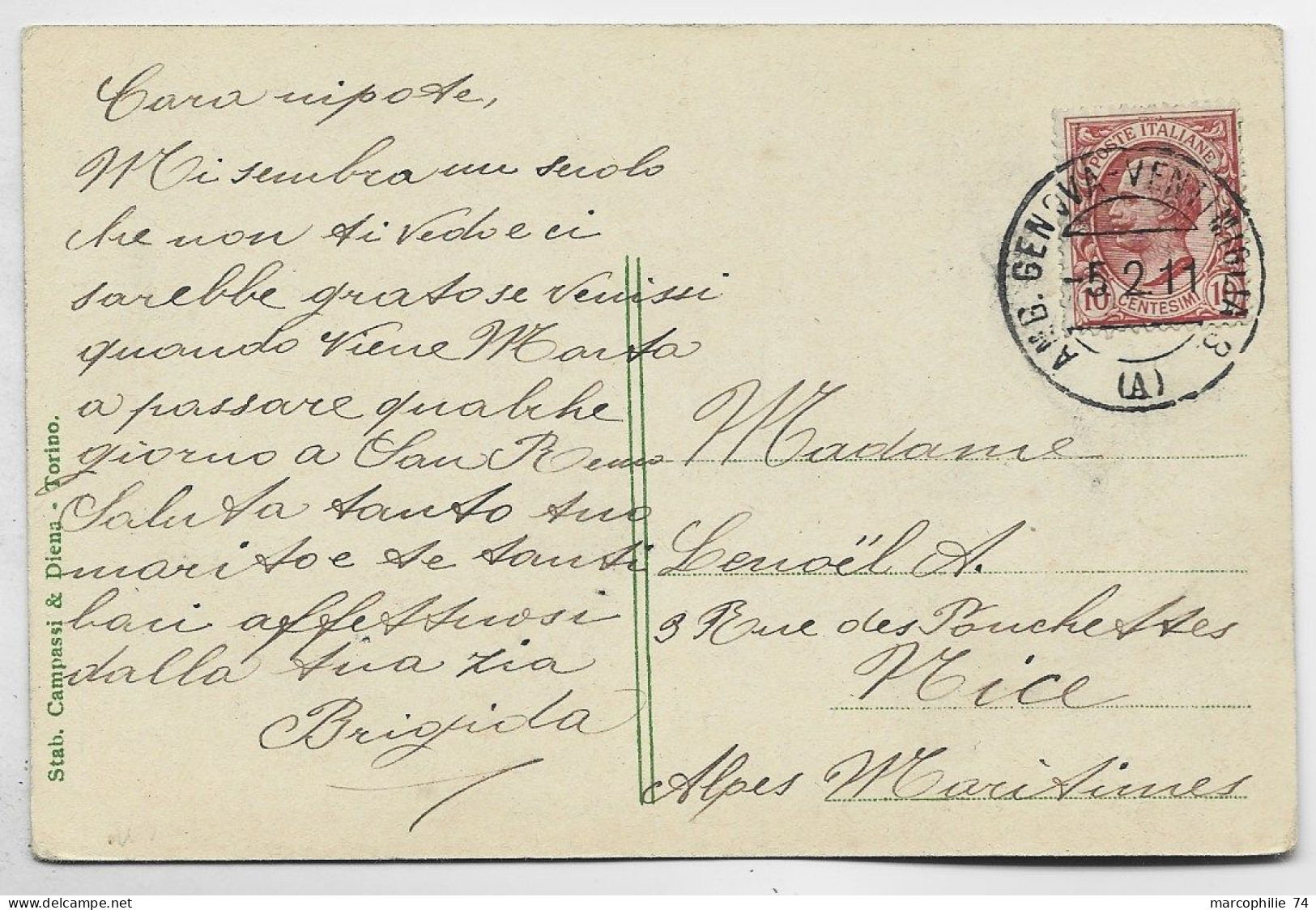 ITALIA 10C CARTOLINA SAN REMO AMBULANT AMB GENOVA VENTIMIGLIA 3 (A) 5.2.1911 TO FRANCE - Poststempel