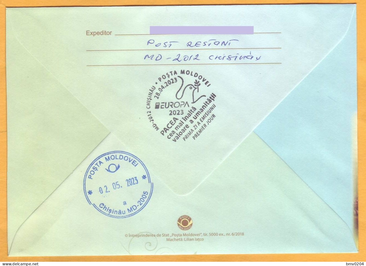 2023  Moldova FDC „Europa 2023. PEACE – The Highest Value Of Humanity.” Grapes, Wine - Moldavie