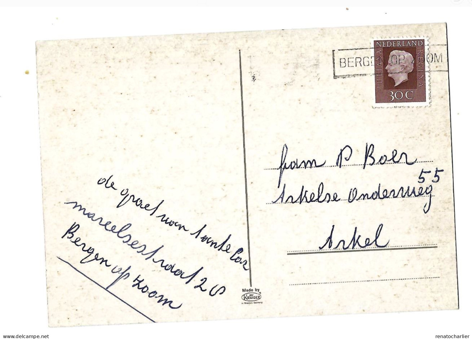 Griffe "Bergen Op Zoom" Sur Carte Postale Expédiée à Arkel. - Postal History