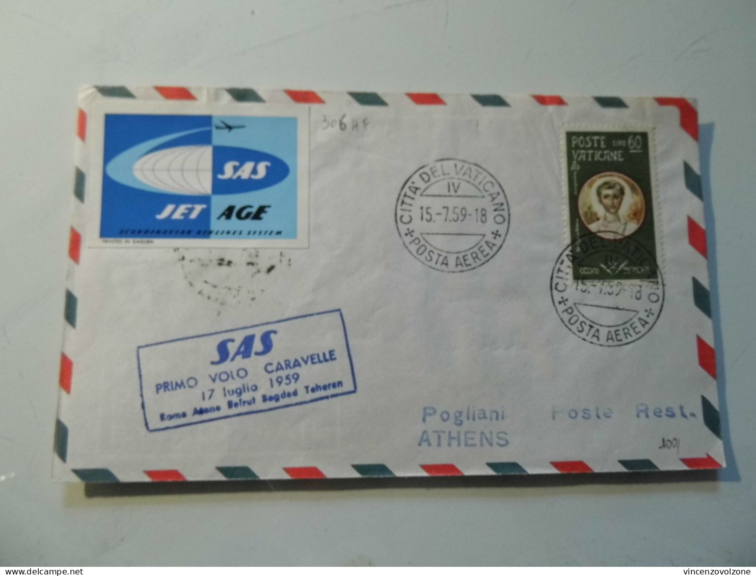 Busta Viaggiata "SAS PRIMO VOLO CARAVELLE 17 Luglio 1959 ROMA - TEHRAN" - Storia Postale