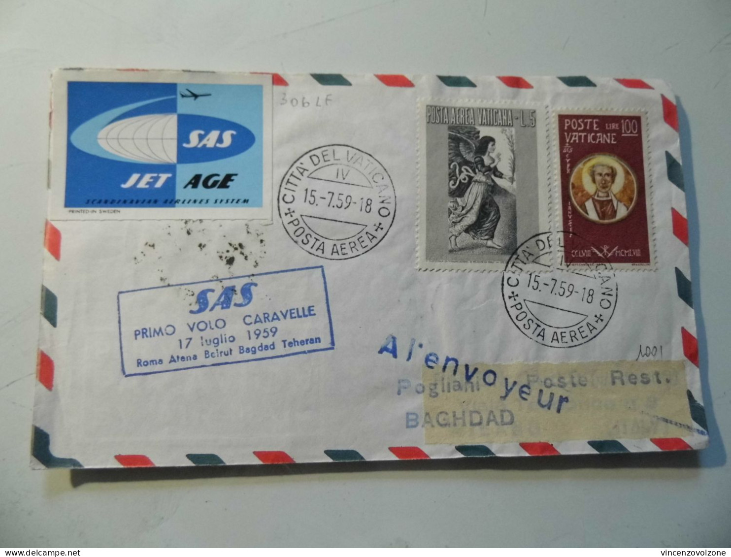 Busta Viaggiata "SAS PRIMO VOLO CARAVELLE 17 Luglio 1959 ROMA - TEHRAN" - Briefe U. Dokumente