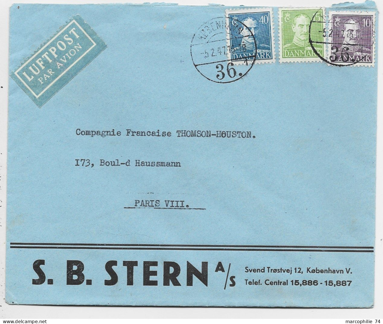 DANMARK 10C+15C+40C  LETTRE COVER AVION KOBENHAVN 5.2.1947 36. TO FRANCE - Lettres & Documents