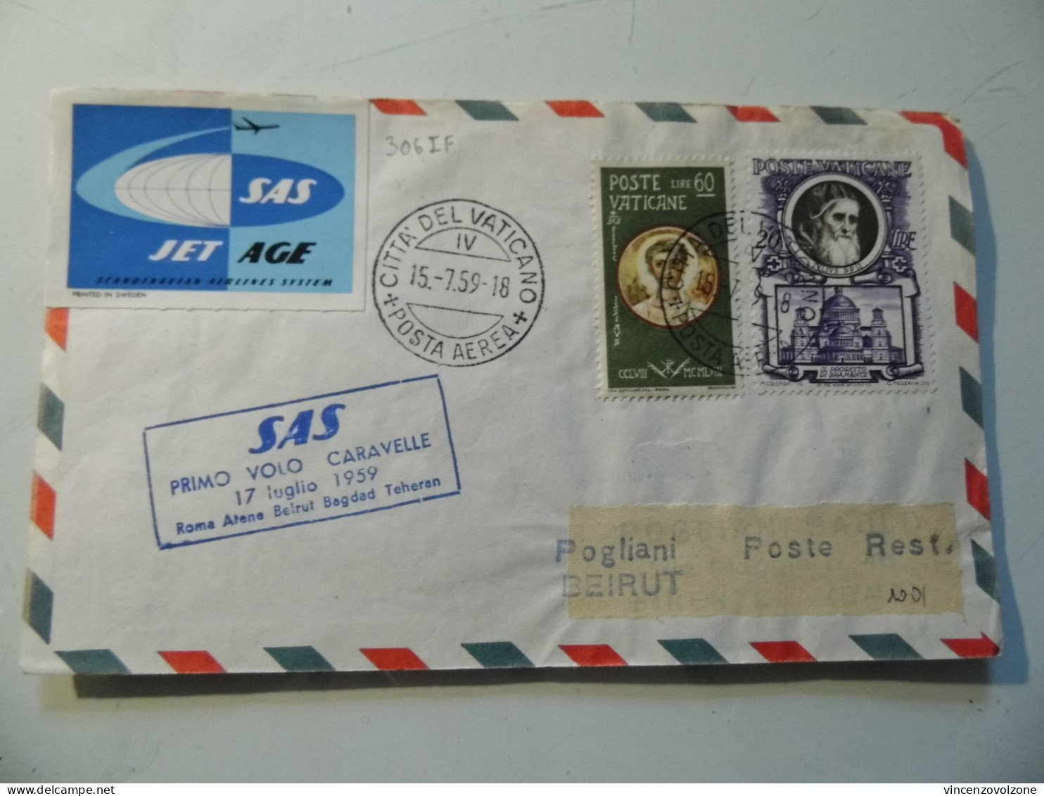 Busta Viaggiata "SAS PRIMO VOLO CARAVELLE 17 Luglio 1959 ROMA - TEHRAN" Timbri - Storia Postale