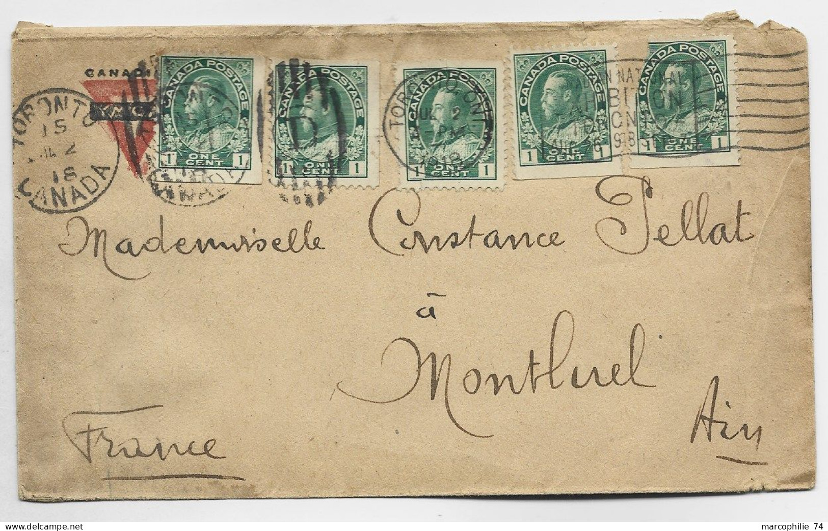 CANADA 1CX5 1 DEFAUT LETTRE COVER TORONTO 1918 TO FRANCE - Covers & Documents