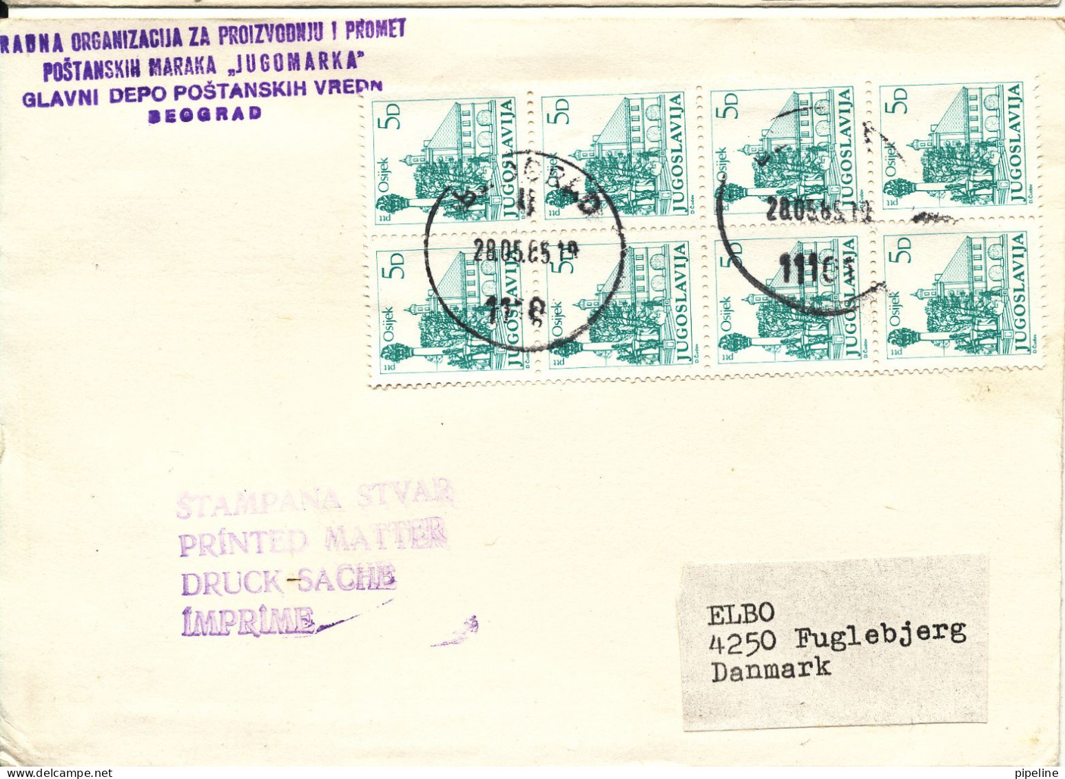 Yugoslavia Cover Sent To Denmark Beograd 28-5-1985 With A Block Of 8 Osijek - Cartas & Documentos