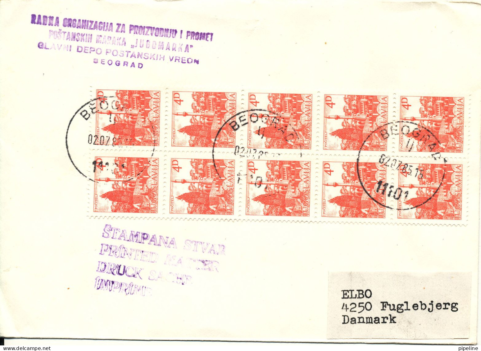 Yugoslavia Cover Sent To Denmark Beograd 2-7-1985 With A Block Of 10 Pocitelj - Lettres & Documents