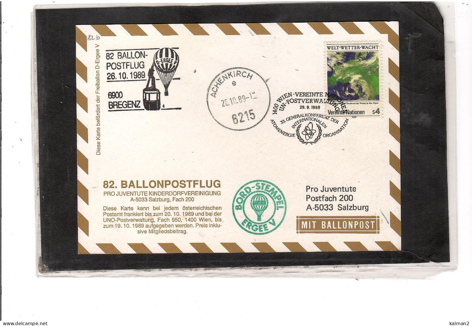 TEM20434 -  BREGENZ 26.10.1989 /  82. BALLONPOSTFLUG -  NETTO KATALOG NR. 82b   - BALLON "  ERGEE  V  " - Luchtballons