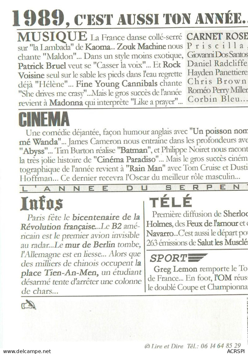 Naissance, Cette Année La. 1989 Cinema Paradiso , Mais Aussi... (scan Recto-verso) KEVREN0148 - Birth
