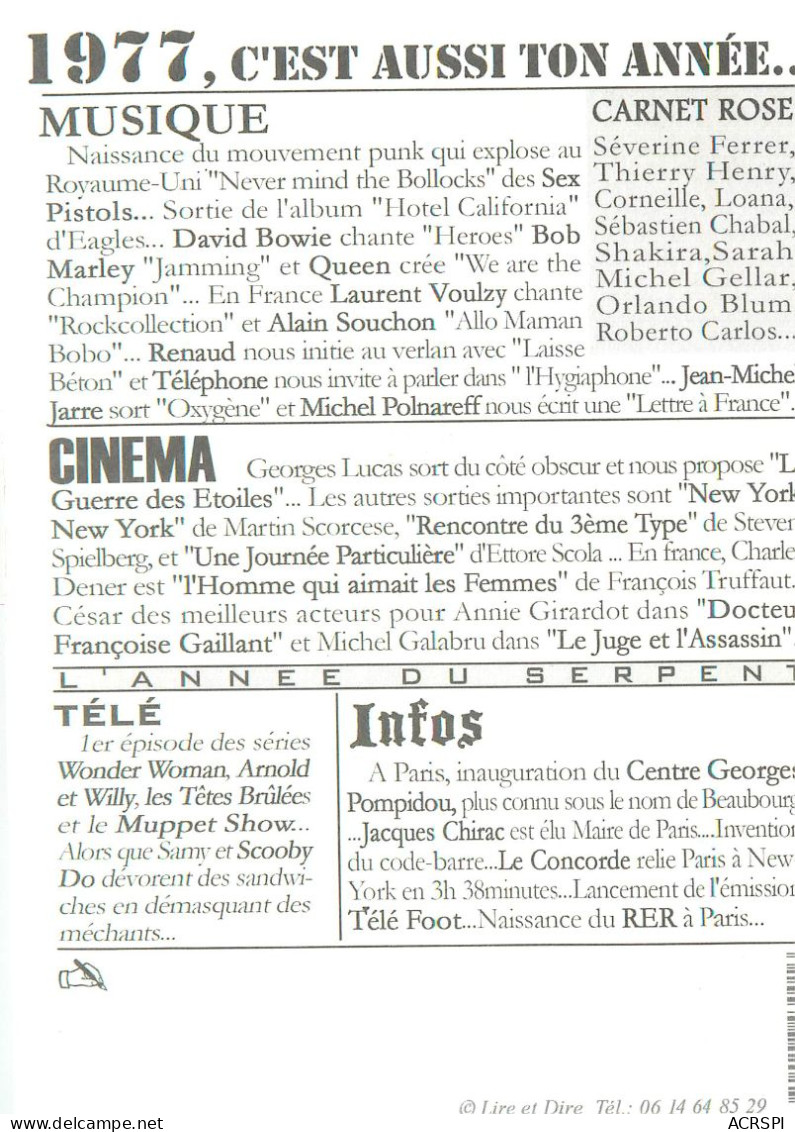 Naissance, Cette Année La. 1977 Star Wars , Mais Aussi... (scan Recto-verso) KEVREN0148 - Naissance