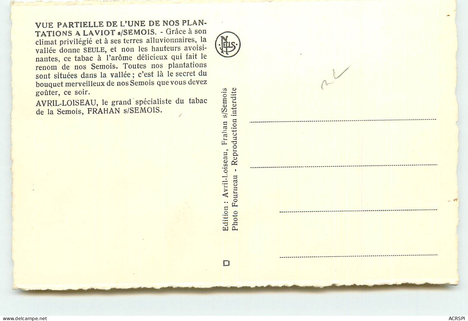 Culture Du Tabac,  Semois Laviot. Plantation, Avril Loiseau (scan Recto-verso) KEVREN0147 - Cultures