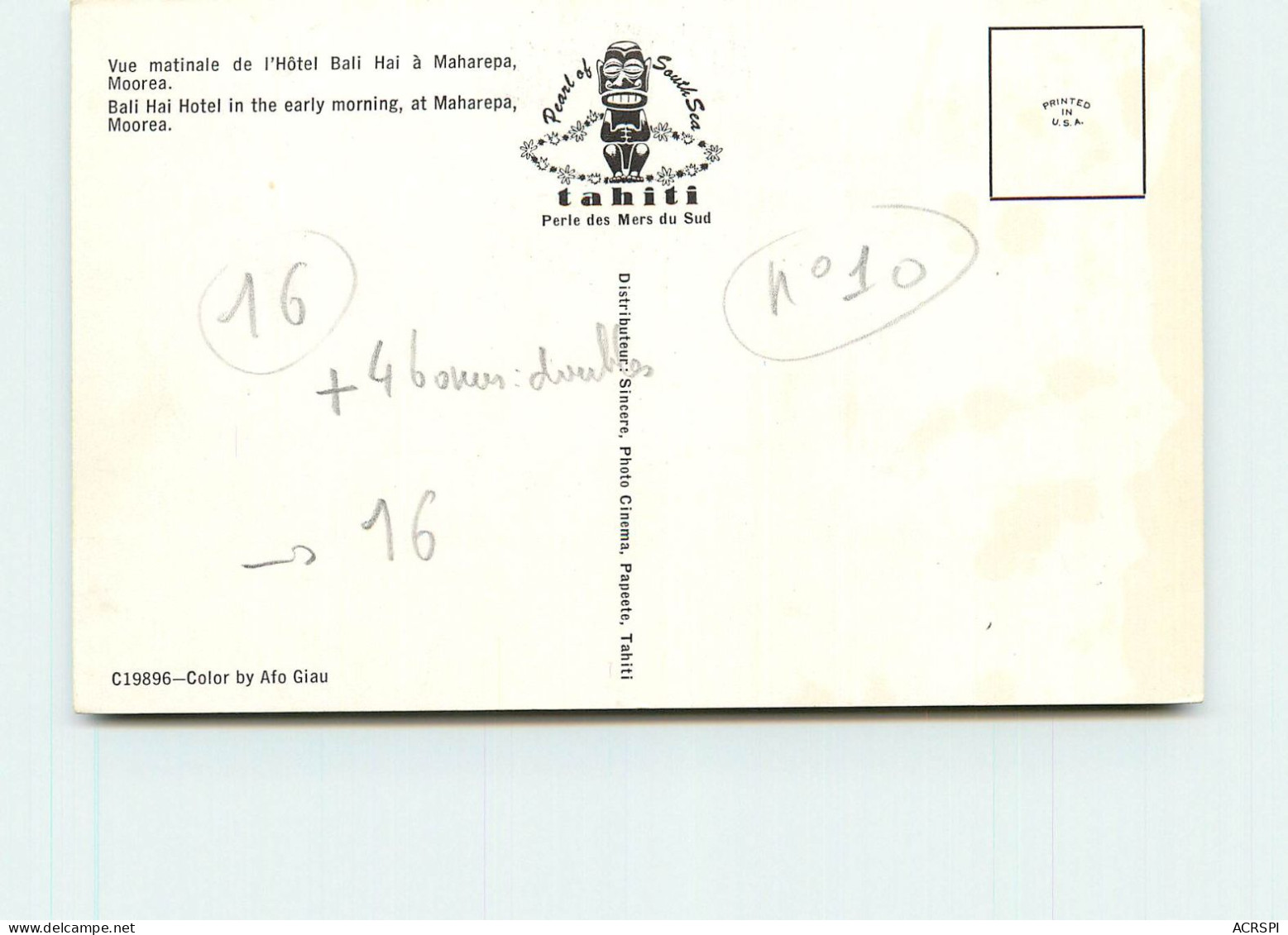  Tahiti, Hotel Bali Hai A Maharepa, Moorea, Vue Generale (scan Recto-verso) KEVREN0145 - Polynésie Française