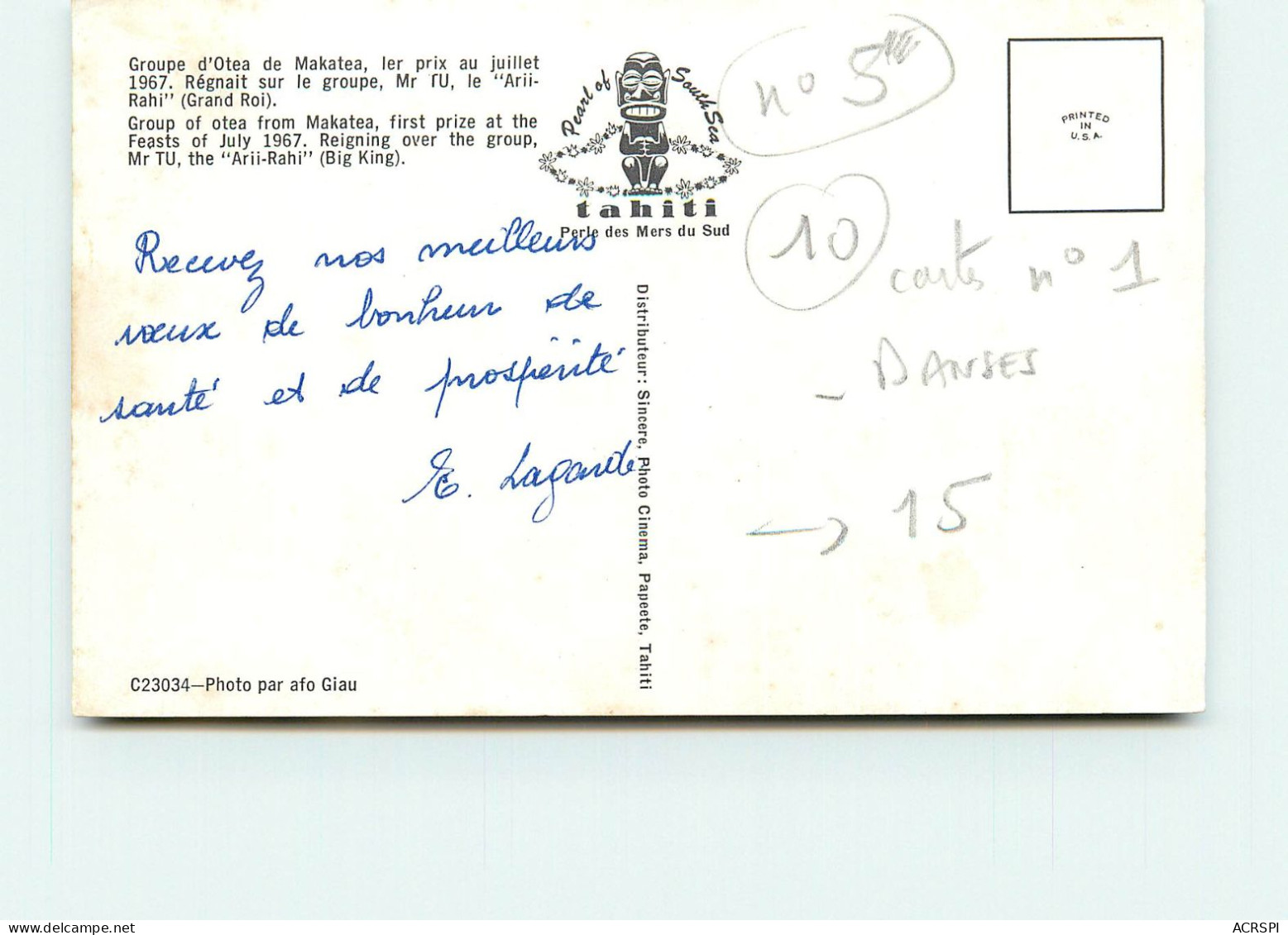  Tahiti, Groupe D'Otea De Makatea, 1e Prix Juillet 1967. Le Arii Rahi (scan Recto-verso) KEVREN0145 - Polynésie Française