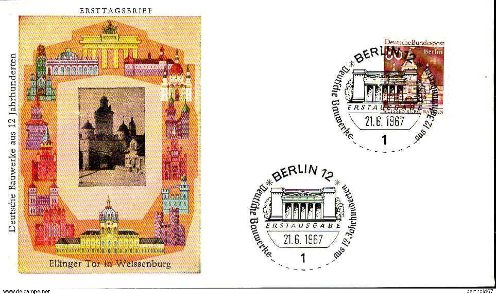 Berlin Poste Obl Yv:277 Mi:280 Ellinger Tor Weissenburg Bayern (TB Cachet à Date) Fdc Berlin 21-6-67 - Other & Unclassified