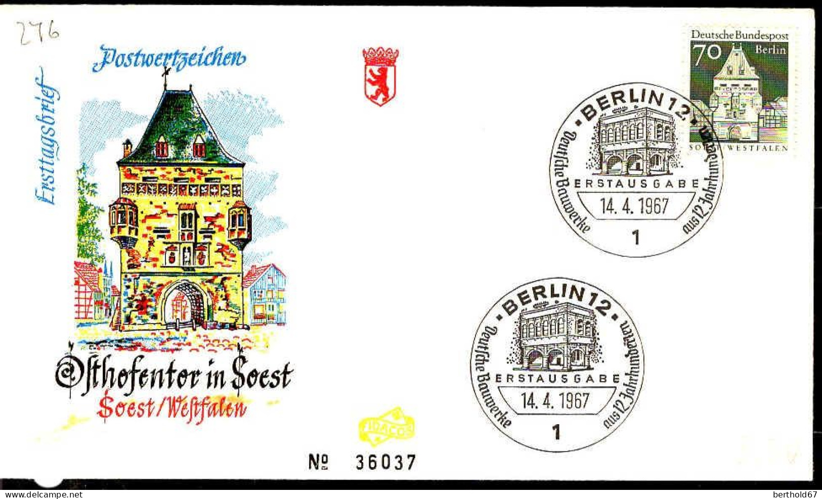Berlin Poste Obl Yv:276 Mi:279 Osthofen Tor Soest Westfalen (TB Cachet à Date) Fdc Berlin 14-4-67 - Autres & Non Classés