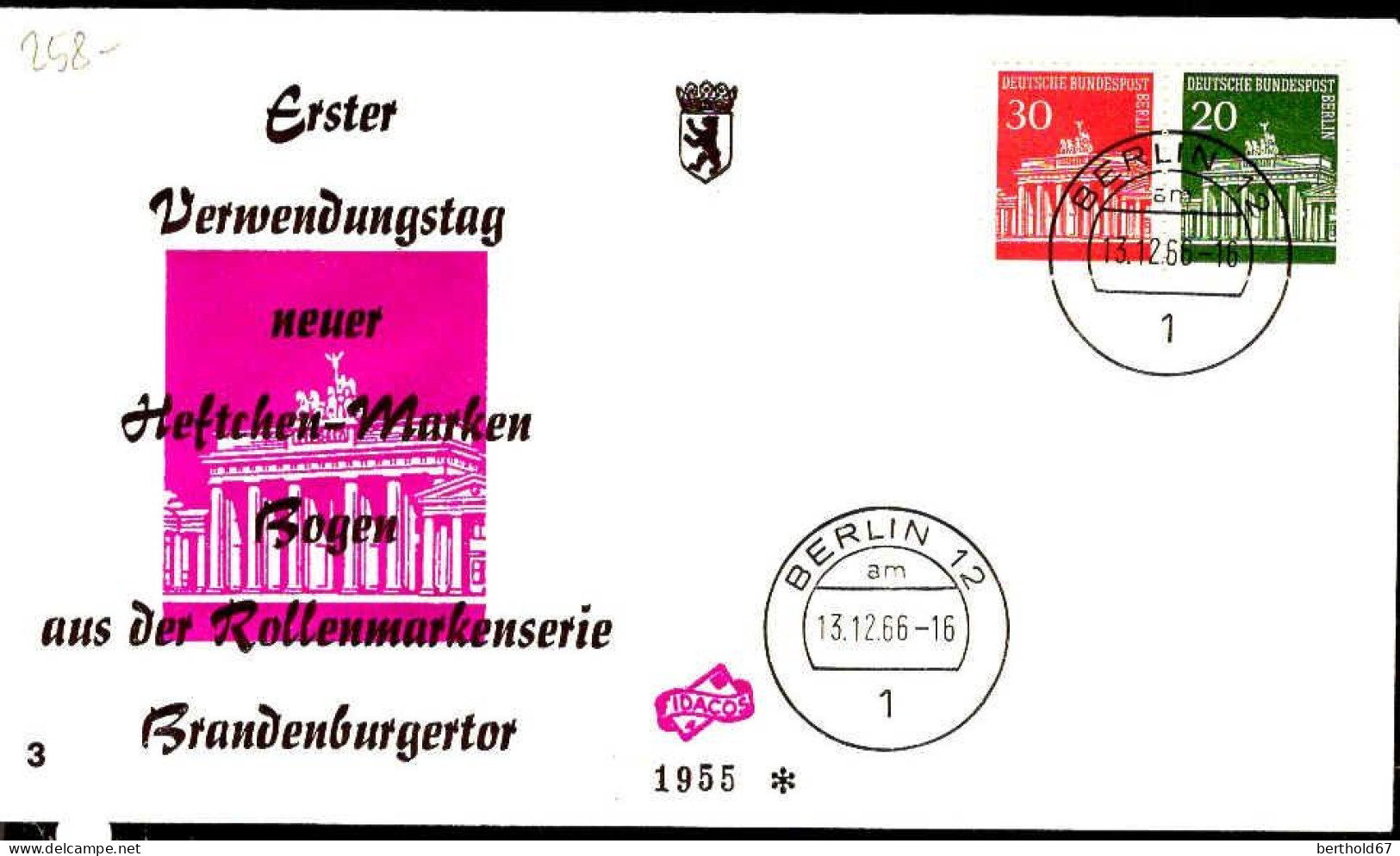 Berlin Poste Obl Yv:258-9 Brandenburgertor Berlin (TB Cachet à Date) Fdc Berlin 13-12-66 - Andere & Zonder Classificatie