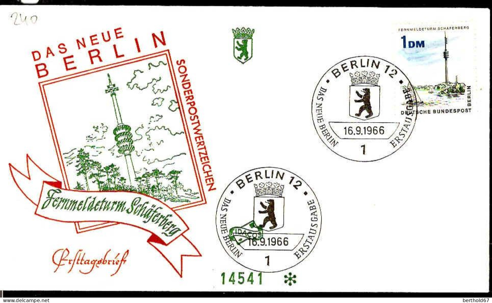 Berlin Poste Obl Yv:240 Mi:264 Fernmeldeturm Schäferberg (TB Cachet à Date) Fdc Berlin 16-9-66 - Andere & Zonder Classificatie