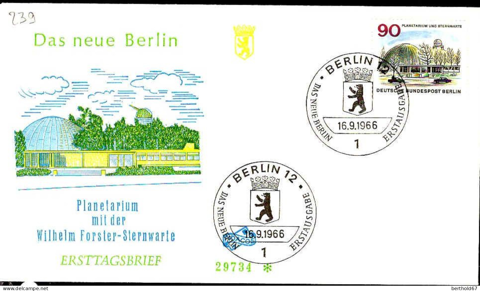 Berlin Poste Obl Yv:239 Mi:263 Planetarium Und Sternwarte (TB Cachet à Date) Fdc Berlin 16-9-66 - Autres & Non Classés