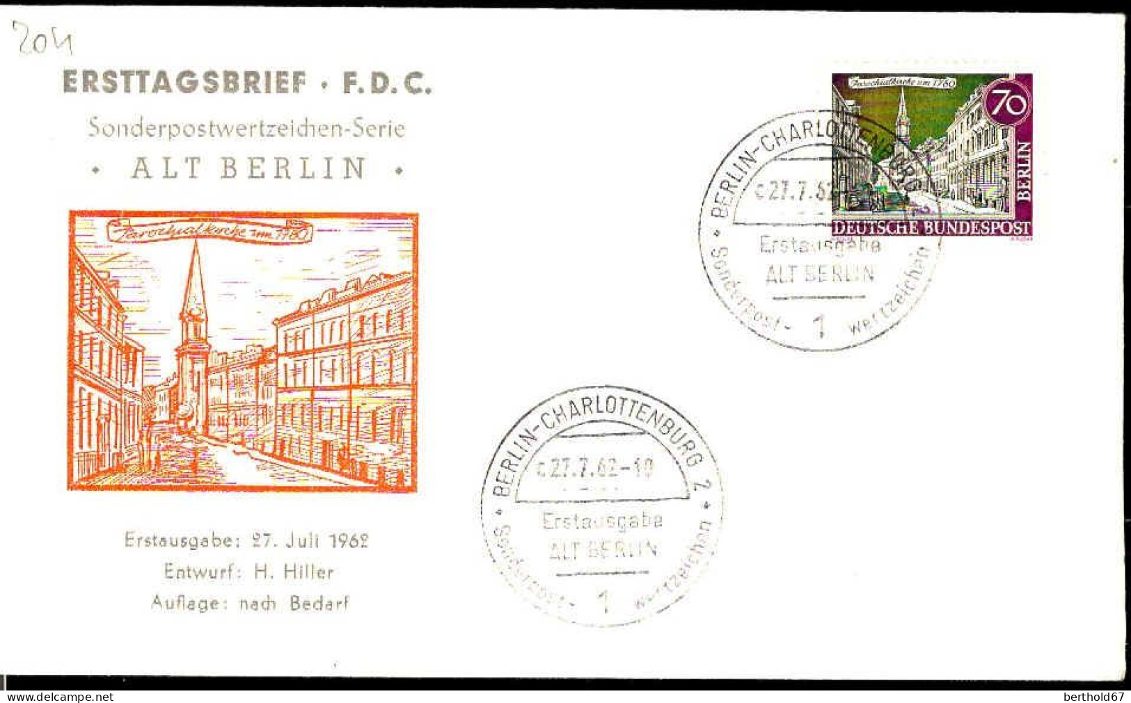 Berlin Poste Obl Yv:204 Mi:226 Parochialkirche Um 1780 (TB Cachet à Date) Fdc Berlin 27-7-62 - Sonstige & Ohne Zuordnung