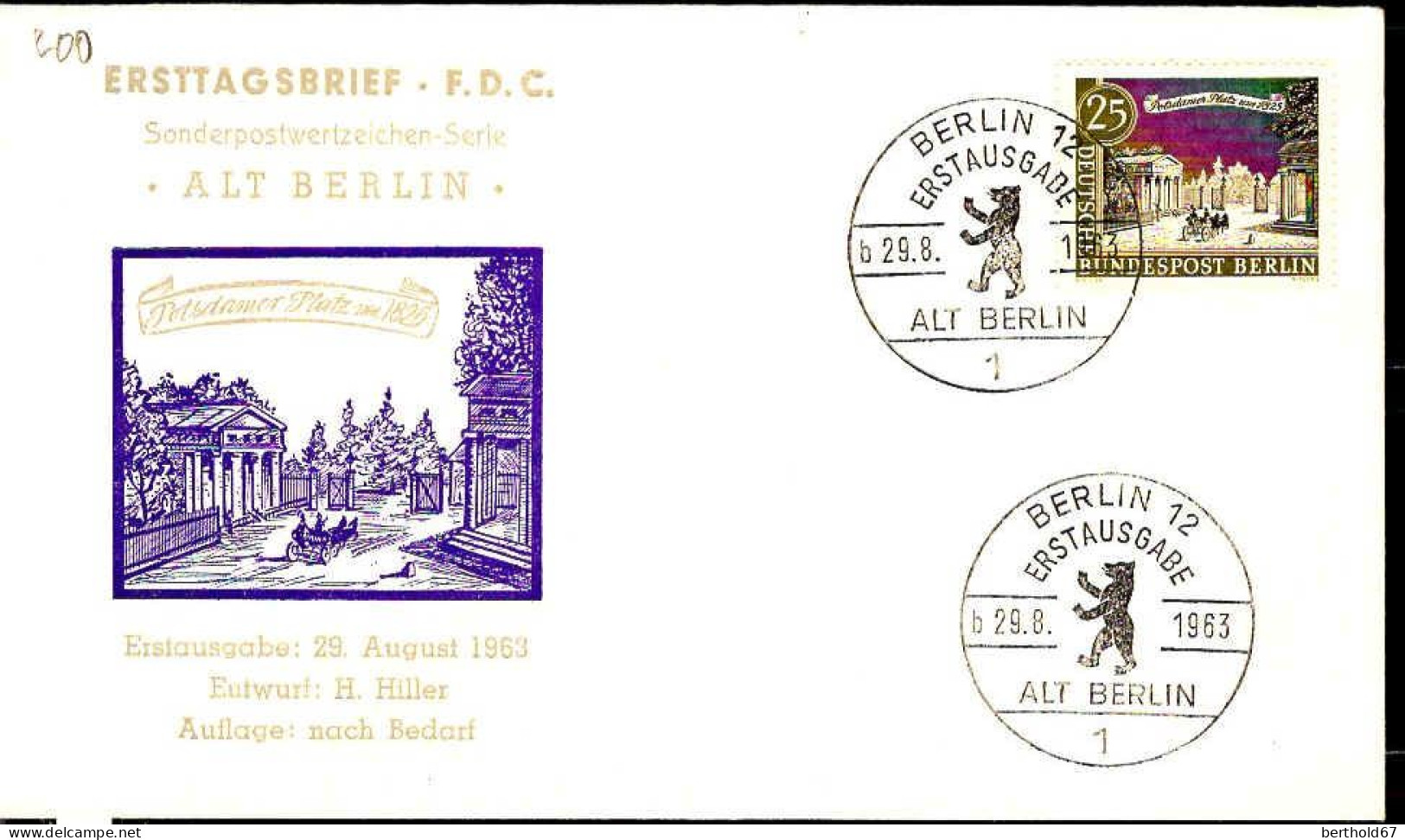 Berlin Poste Obl Yv:200 Mi:222 Potsdamer Platz Um 1825 (TB Cachet à Date) Fdc Berlin 29-8-63 - Sonstige & Ohne Zuordnung