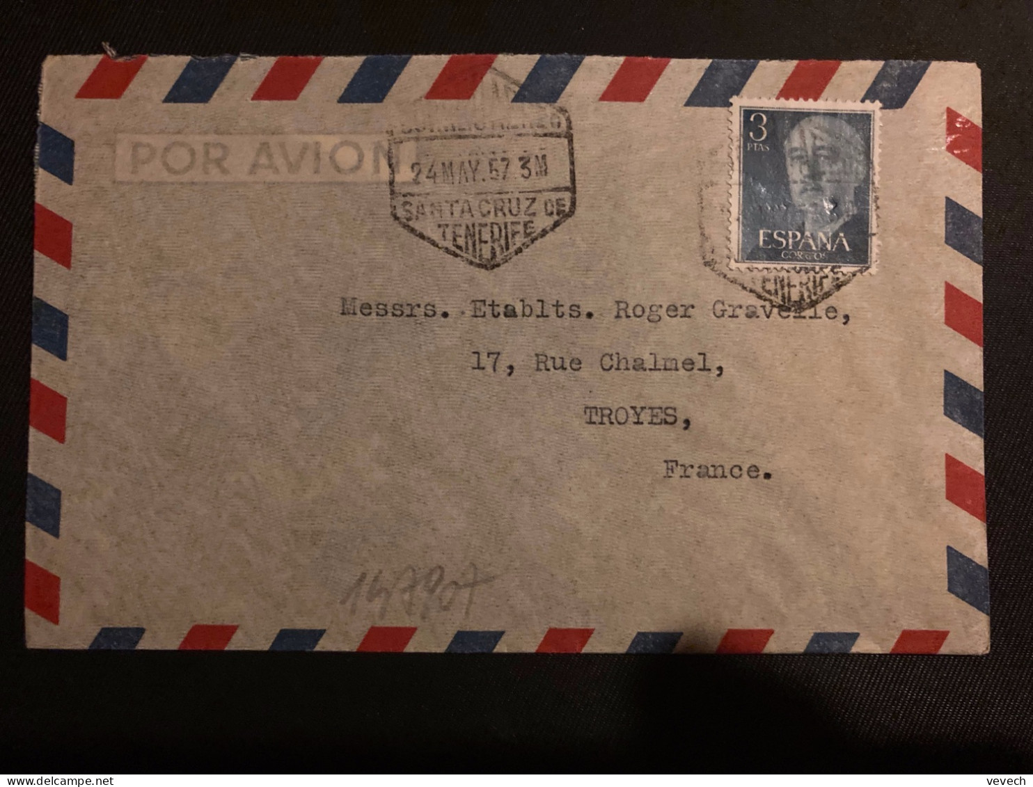 LETTRE Par Avion Pour La FRANCE TP FRANCO 3p OBL.HEXAGONALE 24 MAY 57 CORREO AEREO SANTA CRUZ DE TENERIFE - Covers & Documents