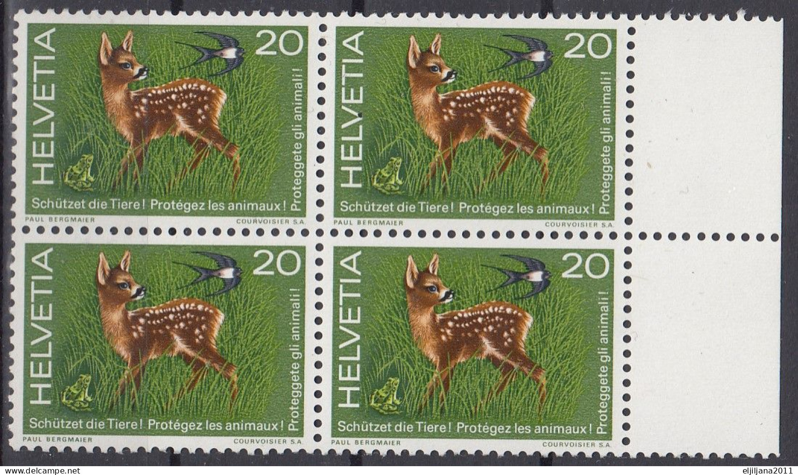 Switzerland / Helvetia / Schweiz / Suisse 1976 ⁕ Fawn / Roe Deer Mi.1079 ⁕ MNH Block Of 4 - Unused Stamps