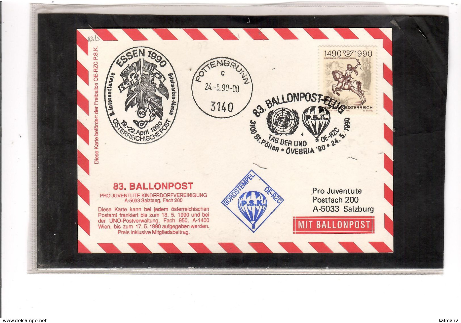 TEM20443 -  ST.POELTEN 24.5.1990  /  83. BALLONPOSTFLUG -  NETTO KATALOG NR. 83b   - BALLON "  OE-RZC  " - Montgolfier