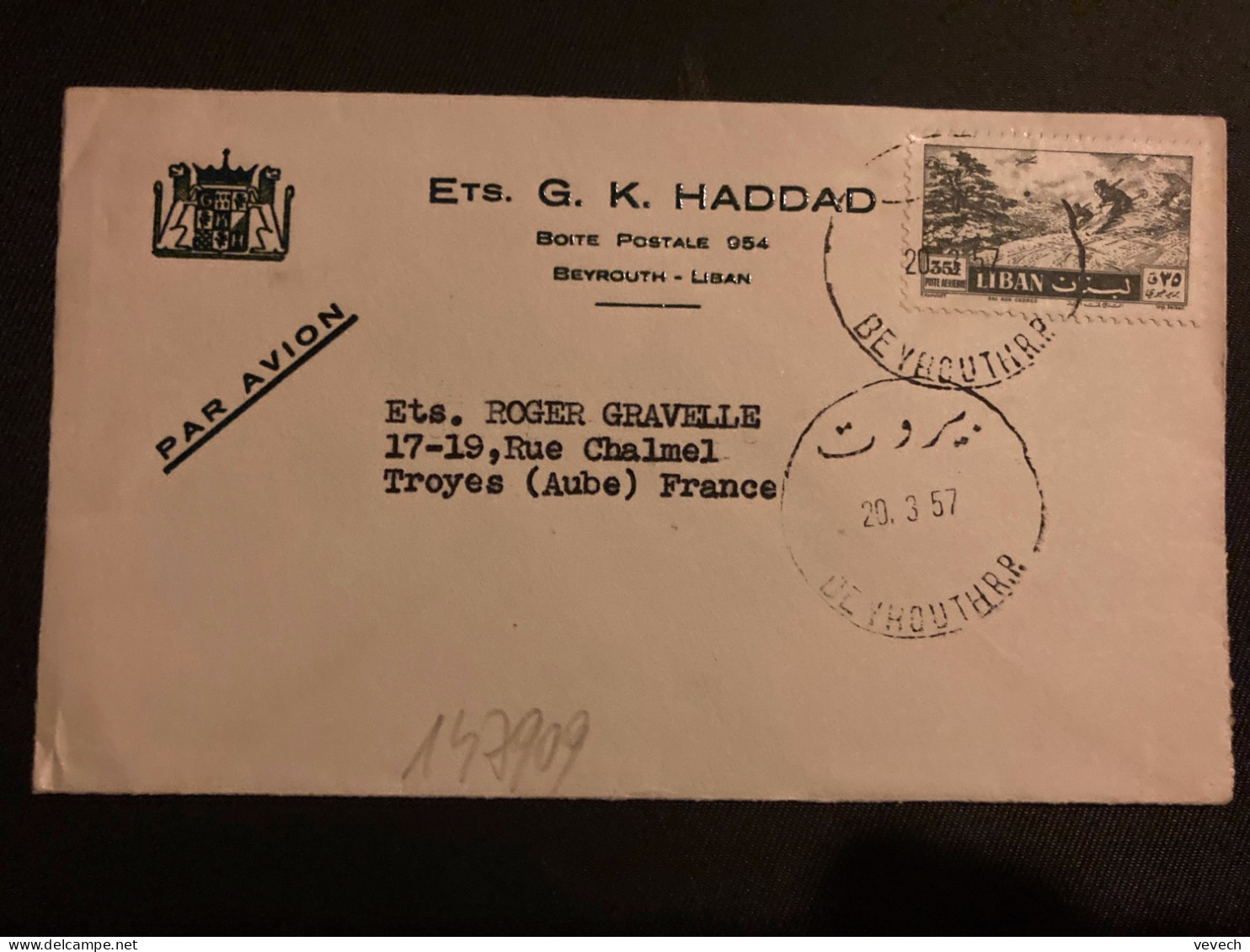 LETTRE Ets G.K. HADDAD Par Avion Pour La FRANCE TP SKIEURS 35R OBL. HOROPLAN 29 3 57 BEYROUTH RP - Lebanon