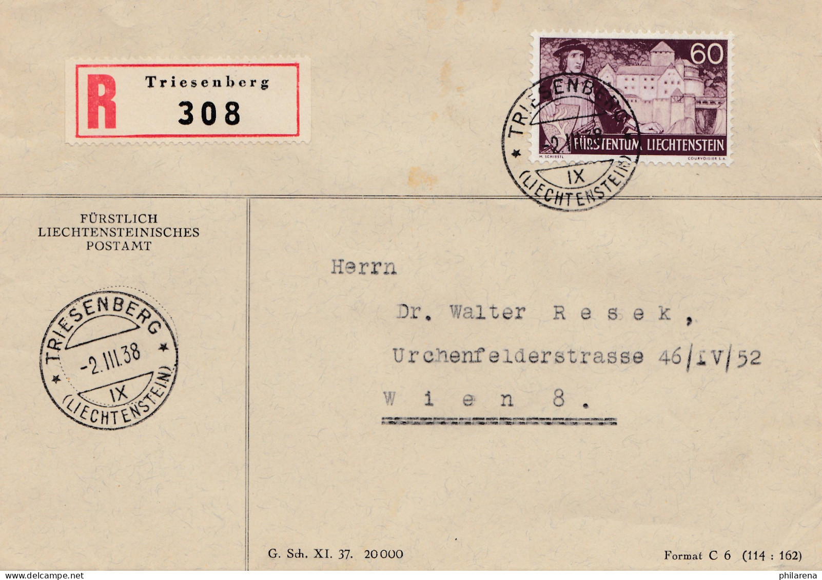 Liechtenstein: Triesenberg 1938 Einschreiben Nach Wien - Altri & Non Classificati