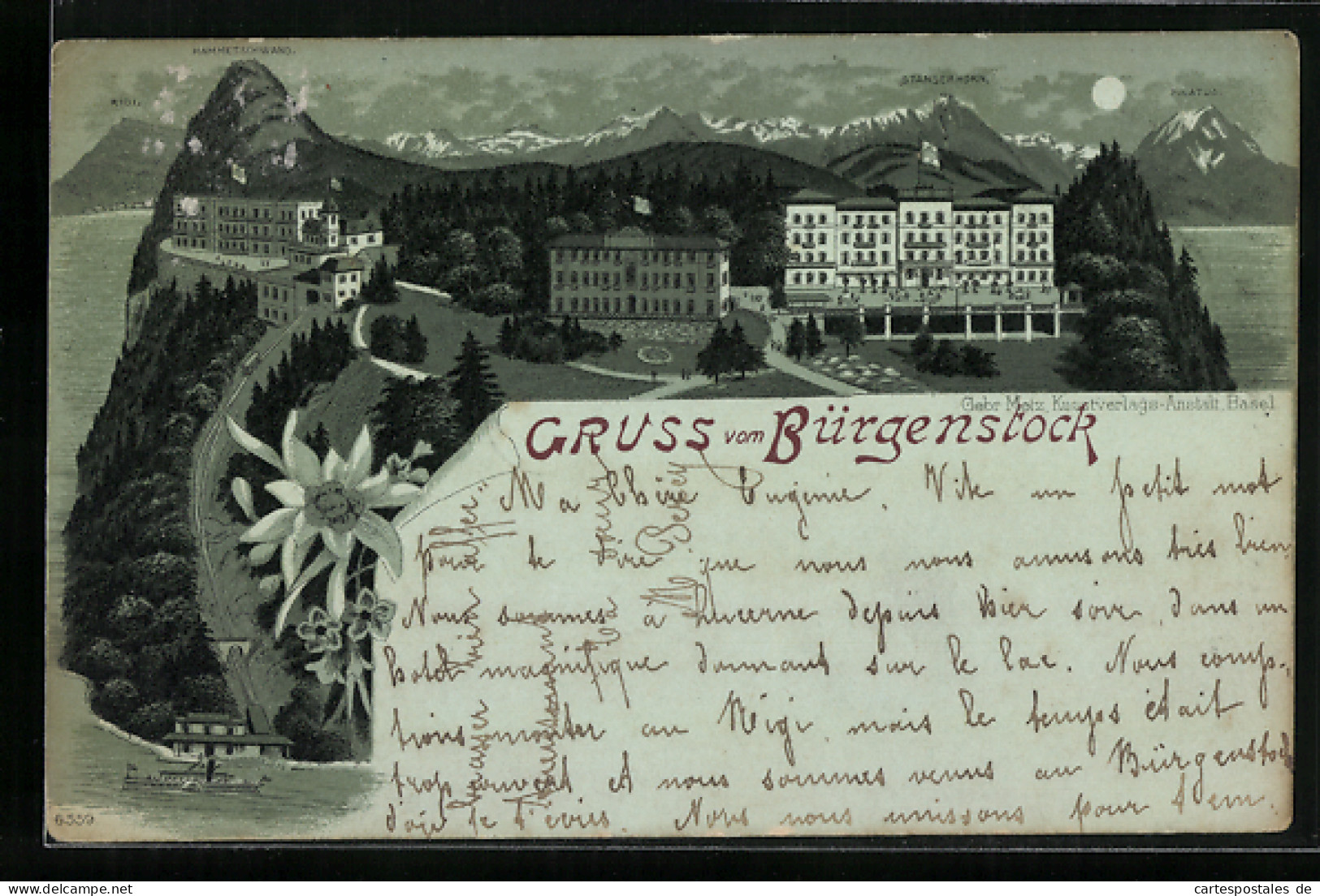 Mondschein-Lithographie Bürgenstock, Hotels Und Bergbahn Gegen Stanserhorn  - Stans