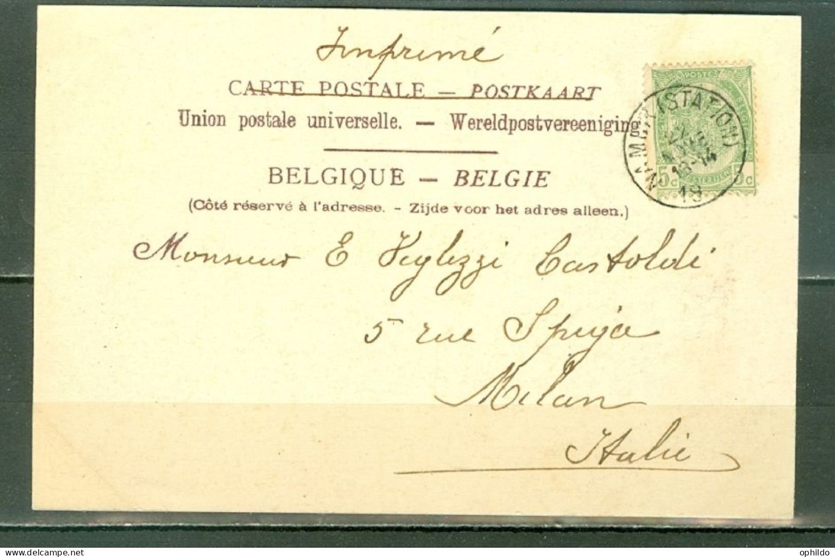 Belggique   56  Sur Carte Postale  Namur Ecole De Pupilles  Pour L'Italie Au Tarif Imprimé   - 1893-1907 Armoiries