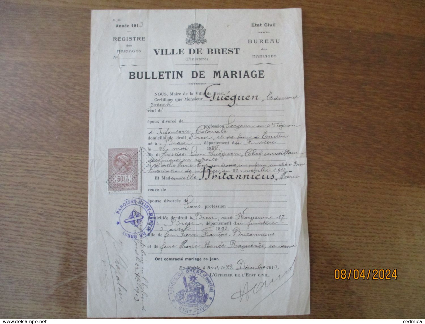 BREST BULLETIN DE MARIAGE DU 22 DECEMBRE 1913 GUEGUEN EDOUARD JOSEPH SERGENT ET Mlle BRITANNICUS MARIE - G