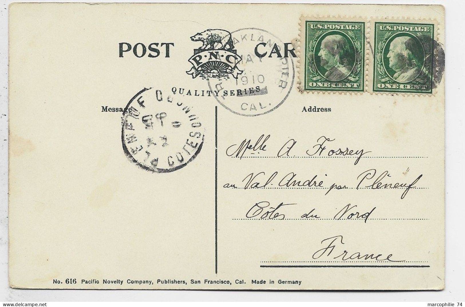 ETATS UNIS USA  ONE CENTX2 POST CARD SAN FRANCISCO 1911 TO FRANCE - Covers & Documents
