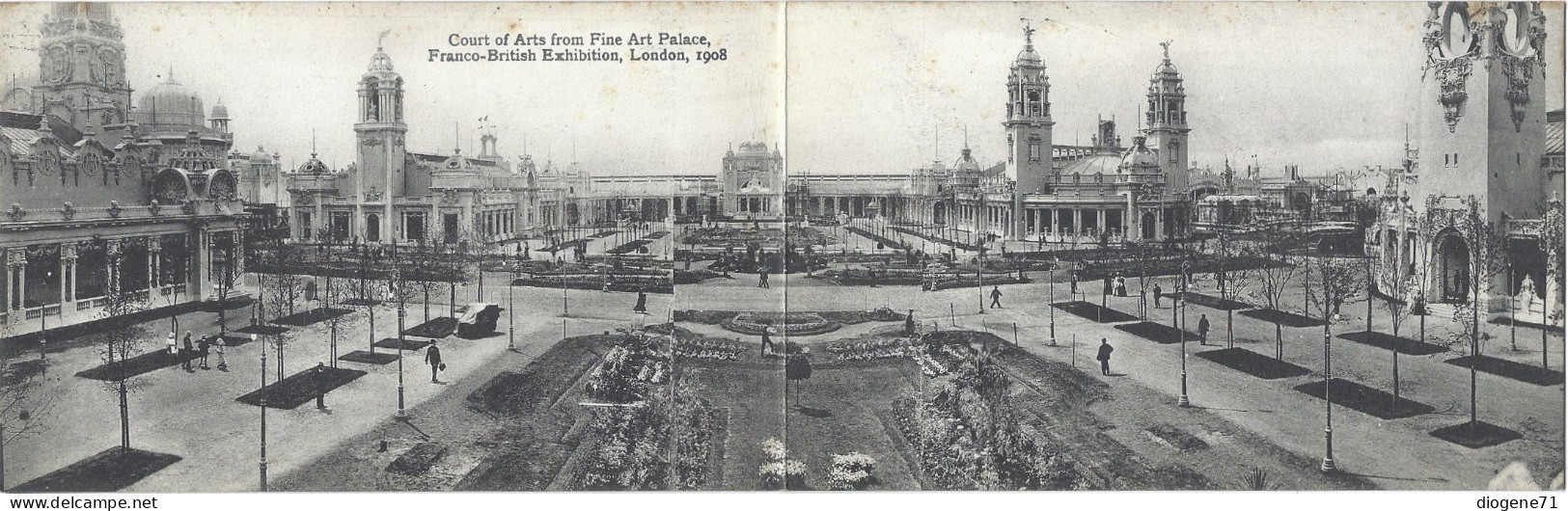 Court Of Arts From Fine Art Palace Franco-British Exhibition London 1908 Double Postcard Animation Rare - Esposizioni