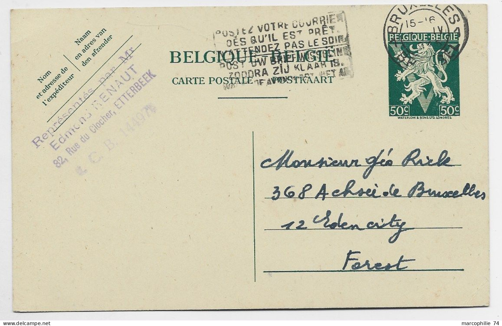 BELGIQUE ENTIER 50C LION CARTE POSTALE BRUXELLES 1945 POUR FOREST - Tarjetas 1934-1951