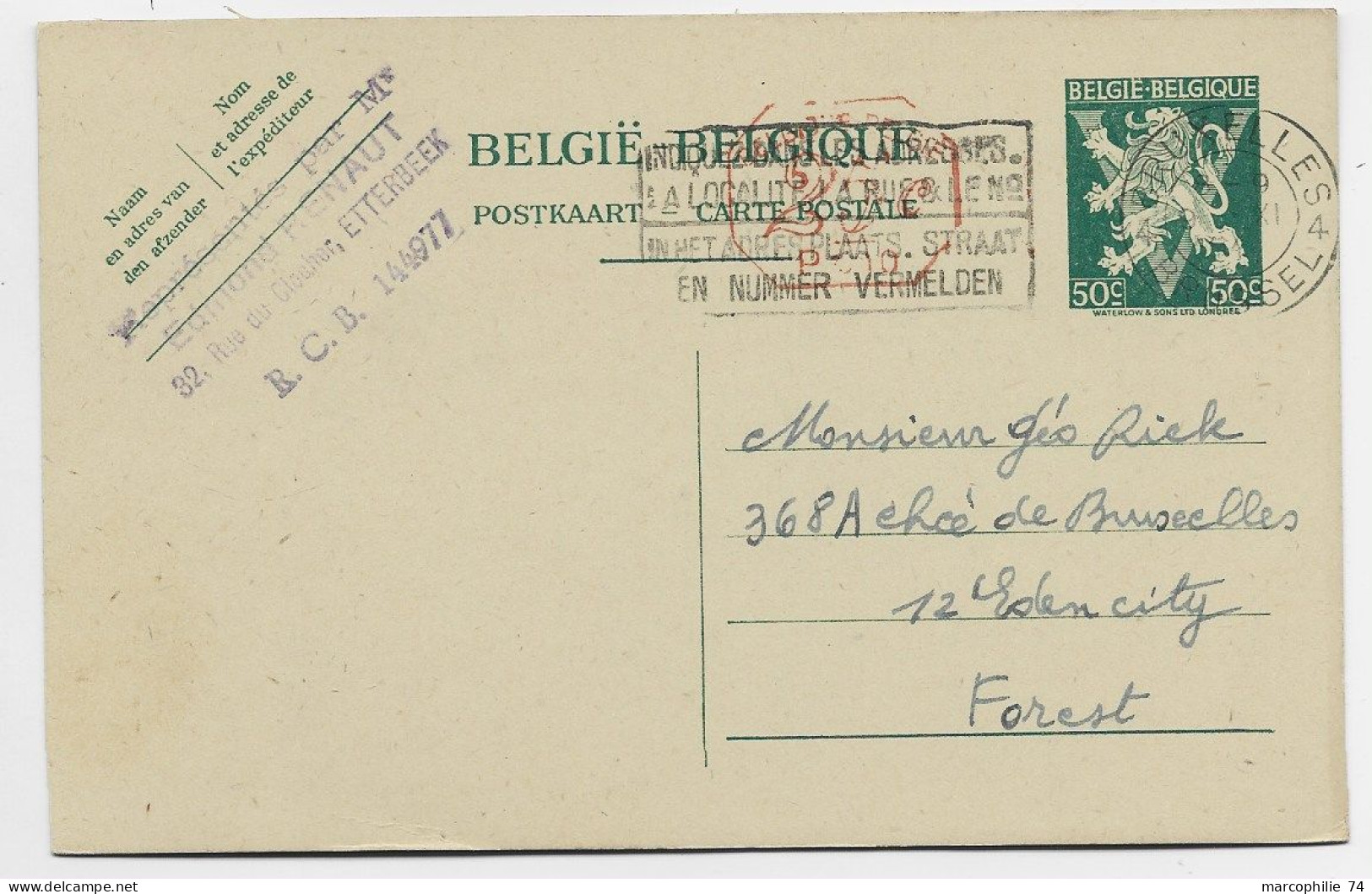 BELGIQUE ENTIER 50C LION CARTE POSTALE + EMA 25C BRUXELLES 1945 POUR FOREST - Cartoline 1934-1951