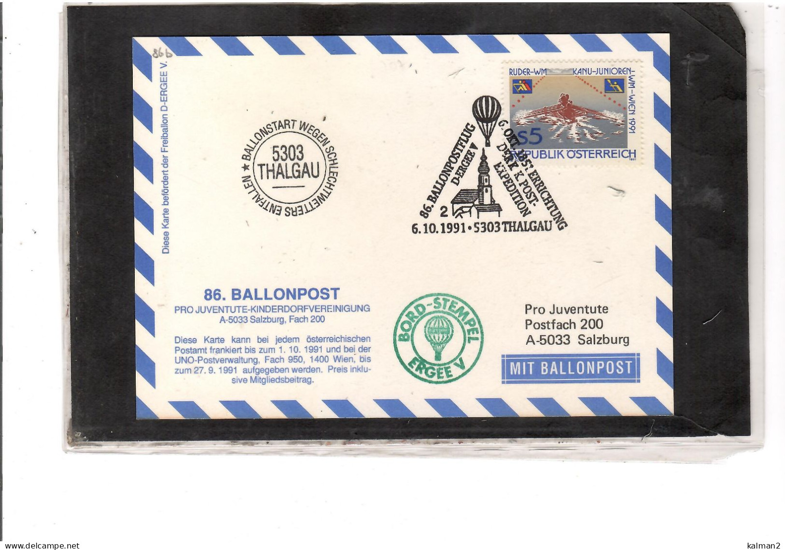 TEM20458 -  THALGAU 6.10.1991  /  86. BALLONPOSTFLUG -  NETTO KATALOG NR. 86b   - BALLON "  ERGEE V  " - Airships