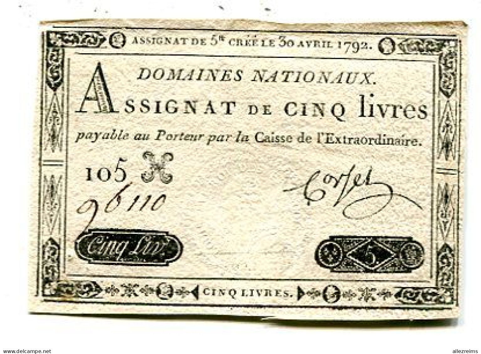 Assignat 5 Livres : 6 Mai 1791 Lettre H    VOIR DESCRIPTIF  §§§ - Assignats