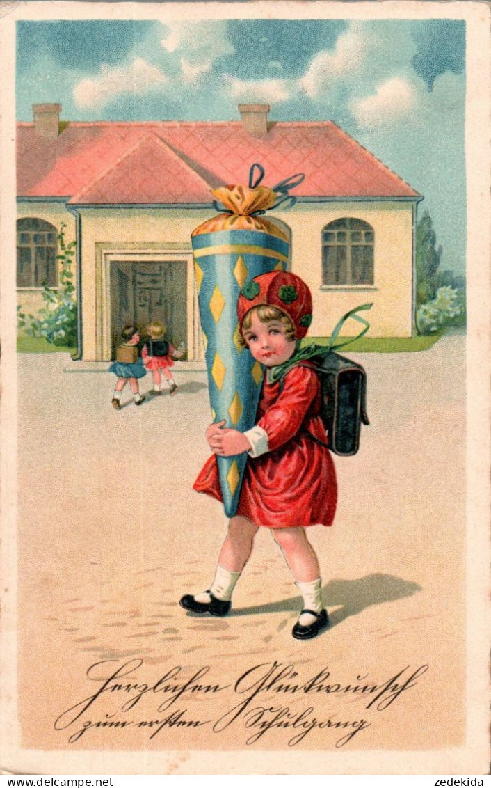 H1039 - Litho Glückwunschkarte Schulanfang - Kleines Mädchen Zuckertüte - Einschulung